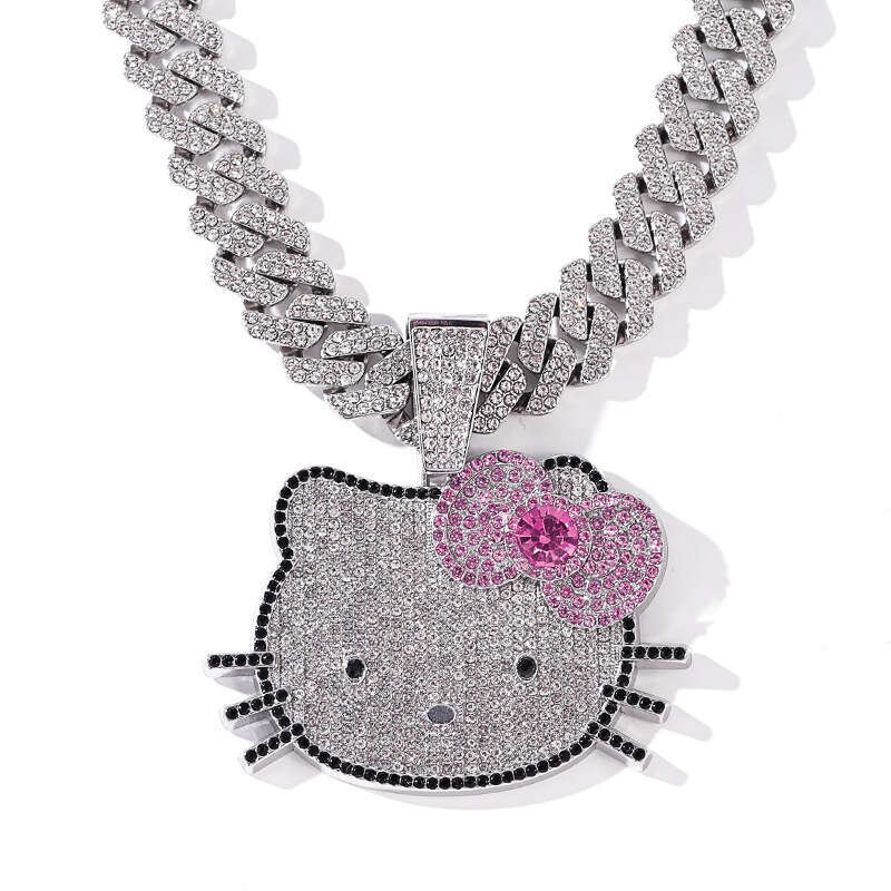 European and American 3D Animal Cat Pendant Zinc Alloy Full Diamond Oil Drop Hip-Hop Expert Cuban Chain Necklace