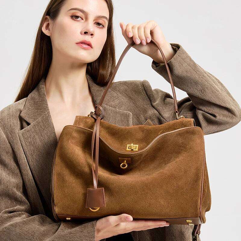2025 Autumn Winter Women's Suede genuine leather Shoulder Large Capacity Single Tote Handbag Luxury Designer Bag Y260204