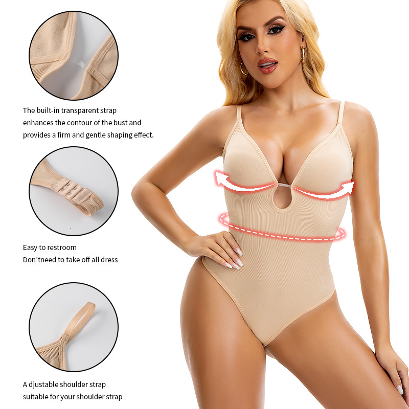 Sculpting Bodysuit Seamless Shapewear Plus Size European American Women's Shaping Deep V Backless Waist-Cinching Bodysuit Butt-Lifting Shaping Th