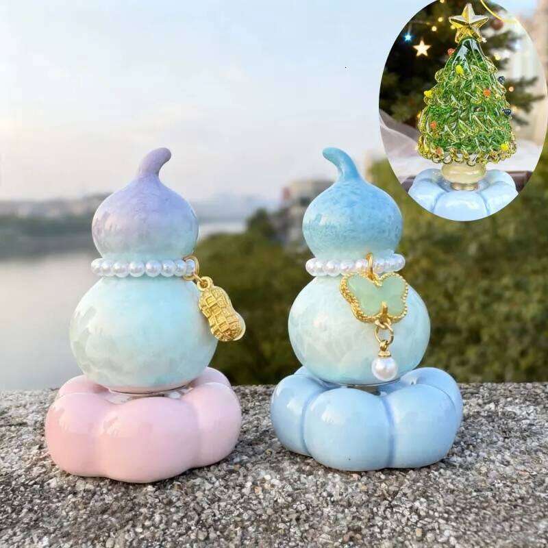 Manual 360-degree Rotate Gourd/Christmas Tree Glazed Ceramic Material Tea Pet Ornaments Creative Desk Car Decoration S260204