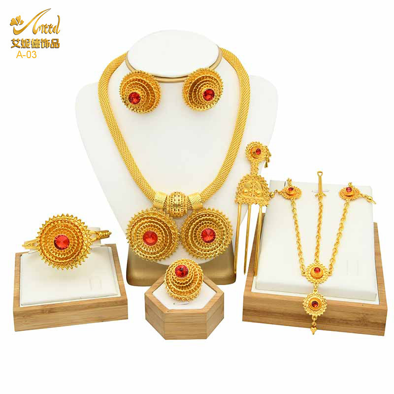 Gold Plated Jewelry Sets For Women Ethiopian Fashion Necklace Earrings Bracelet Ring Jewellery Set Wedding Party Gifs 241105