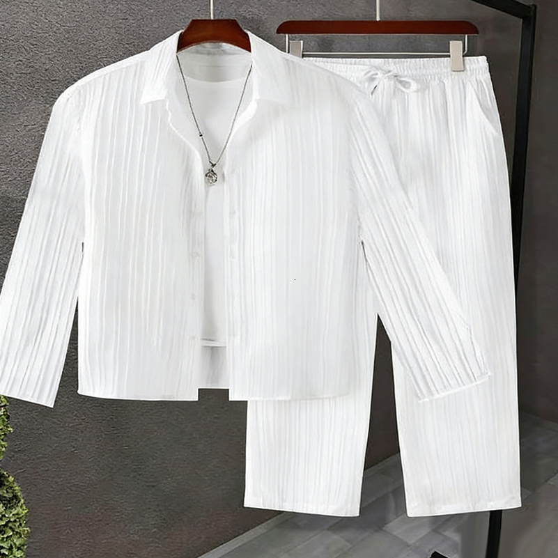 Men's 2 Piece Casual Set White Pinstripe Long Sleeve Shirt and Loose Pants Set