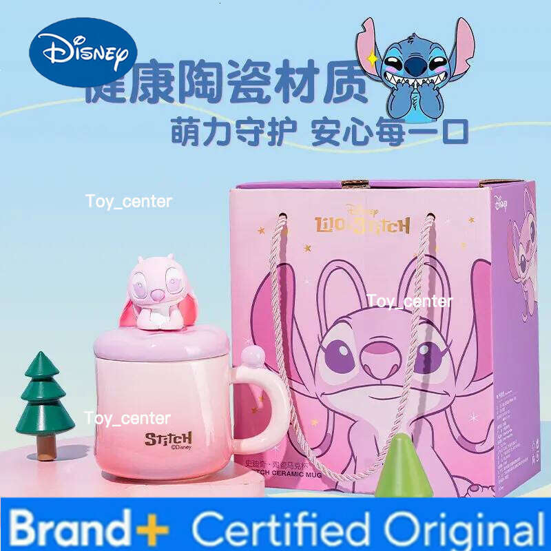 Disney Hot Official Stitch Ceramic Mug With 3d Figurine Lid Couple Set Practical Birthday Water Cup For Men Women Gift Box H260205