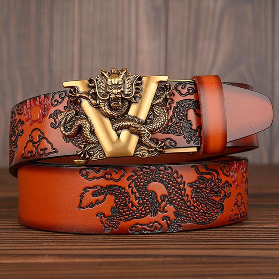 Male Chinese Dragon Belt Cowskin Genuine Leather Belt for Men Carving Dragon Pattern Automatic Buckle Belt Strap