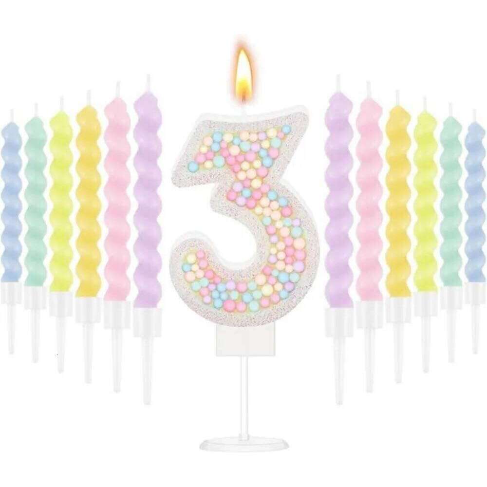 Birthday Macaron Pastel Glitter 3D Number Candle with 12 Pcs Rainbow Spiral Candles in Holders for Girl Boy Cake S260204