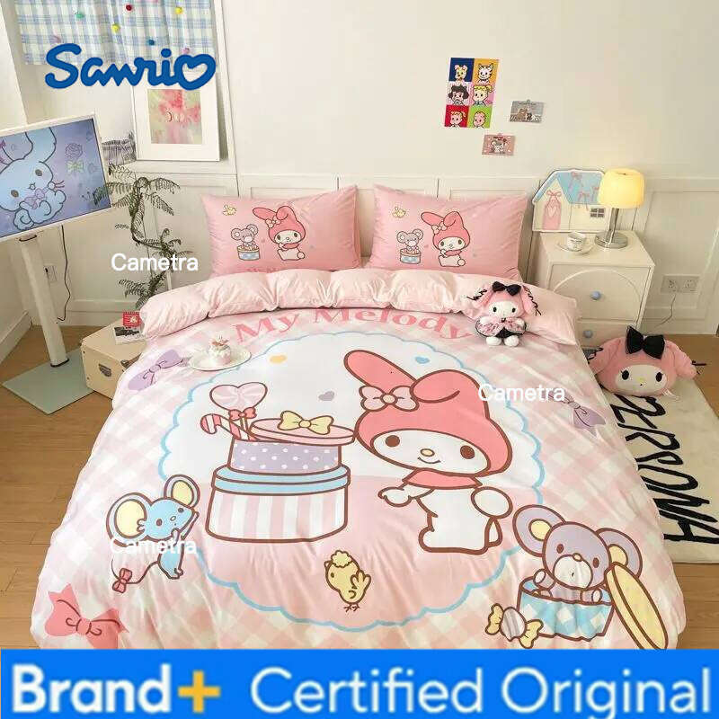 Sanrio New Hello Kitty Cartoon 4-piece set Bedding Set Pink Cats Kawaii Duvet Cover For Girl Kids Single Decor Home Bedclothes Custom H260205