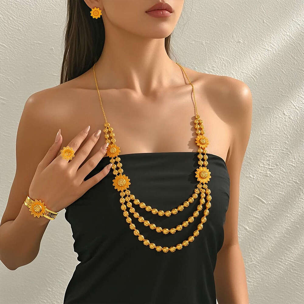 Dubai Bride 24k Gold Plated Necklace Bracelet Earrings Ring Jewelry African Women's Accessories Four-Piece Set