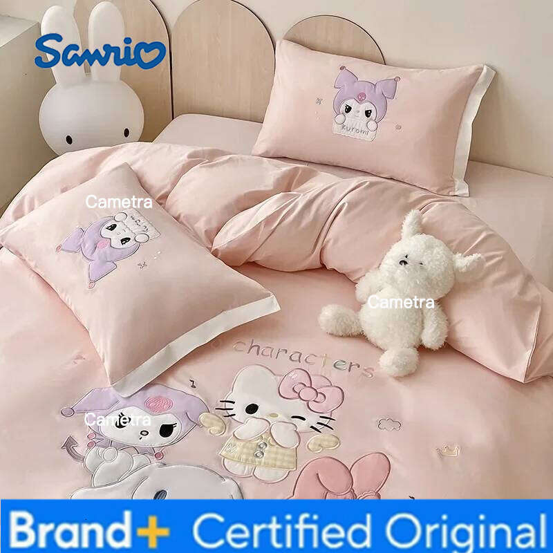 Sanrio 100%Cotton Embroidery Bedding Set Kuromi Mymelody Duvet Cover Bed Sheet Pillowcase Girl King Queen Twin Size Home Textile H260205