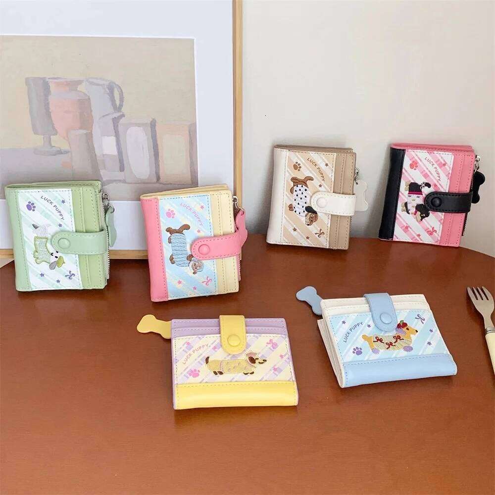 Korean Style Dachshund Embroidery Short Wallet Dopamine Color Cartoon Dog Coin Purse PU Zipper Small Item Bag Women Girl Z260205