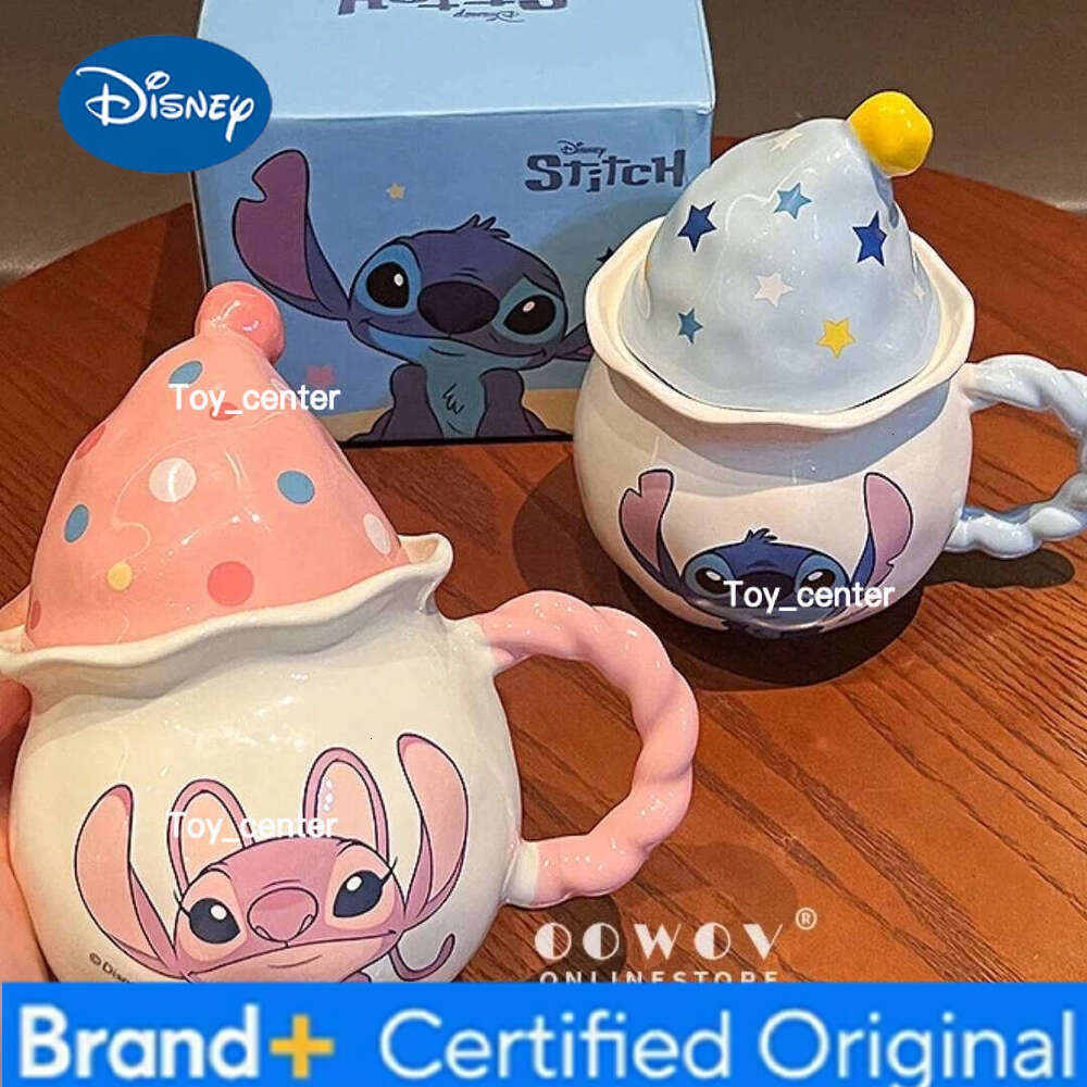 Disney Ceramic Mug Stitch Angel With Polka Dot Magic Hat Lid Cute Cartoon Couple Home Drinking Cup Gift For Birthday Christmas H260205