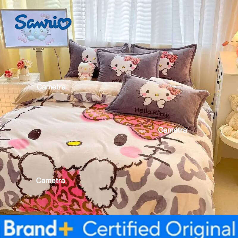 Sanrio Ins Original Milk Fleece 4pcs Cute KT Cat Thickened Quilt Cover Sheet Pillowcase 3kg, Girls 3pcs Set H260205