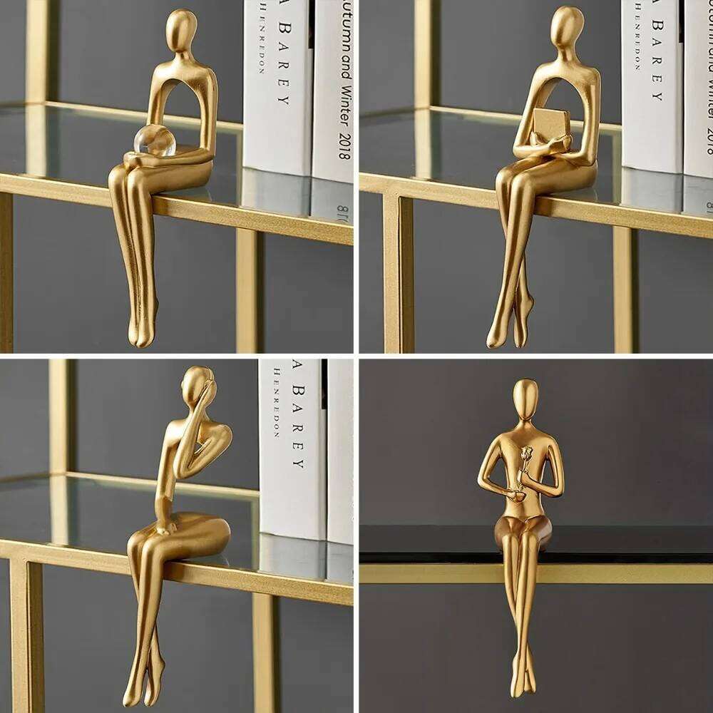 New Resin Human Body Art Abstract Design Golden Finish Figure Statue Thinking Reading Man Desktop Ornament Home Decor S260204