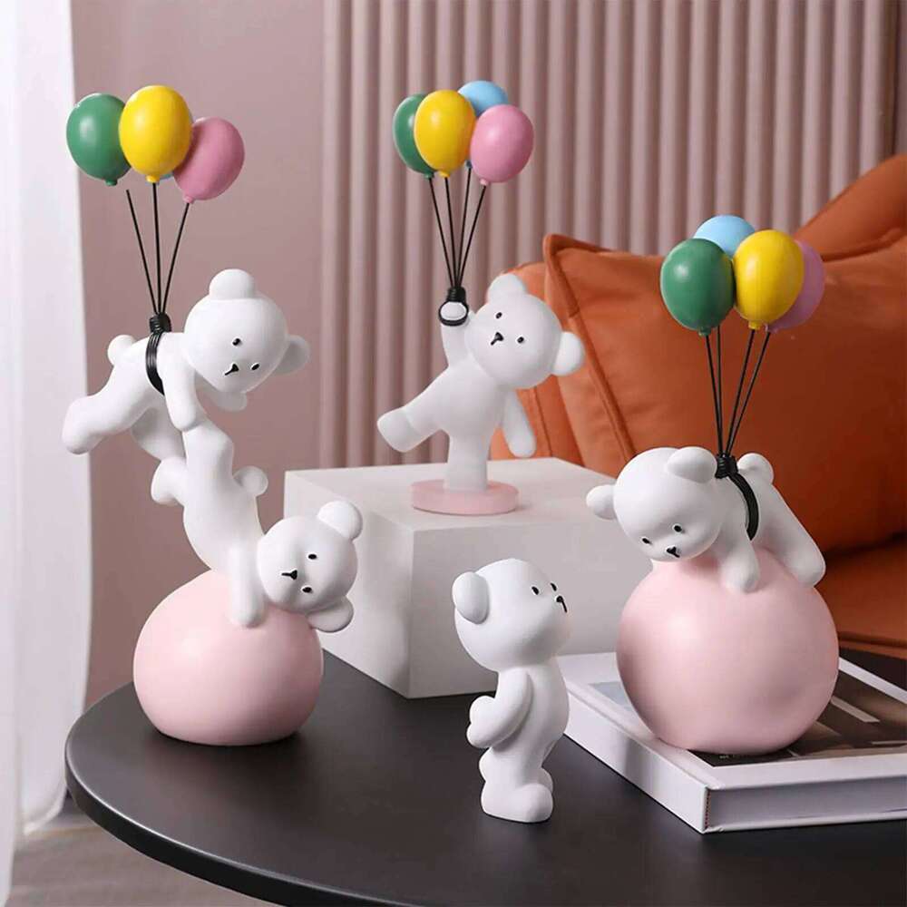 Resin Polar Balloon Flying Bear Figurine Statue Sculpture Ornaments For Home Bookshelf Bedroom Decoration S260204