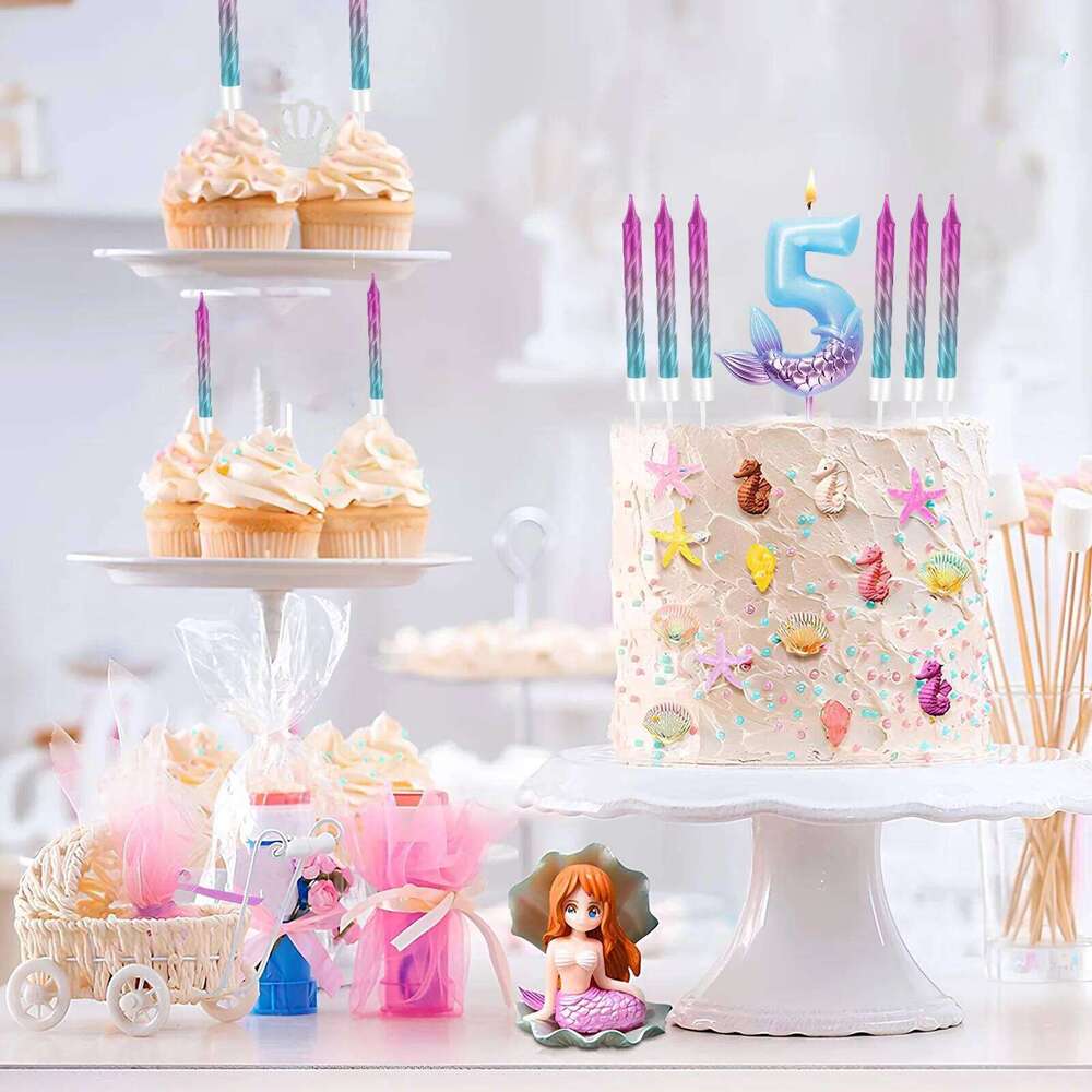 Set 1 with 11 Rainbow Spiral Candles Mermaid Theme Birthday Cake Toppers Decorations S260204