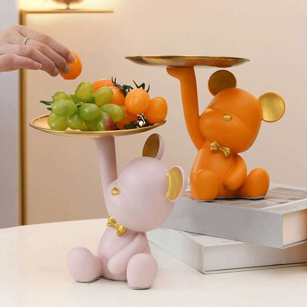 Creative Resin Bear Figurine Cute Statue Home Decoration Desktop Storage Tray Rack for Coins Snack Phone Entrance Office S260204