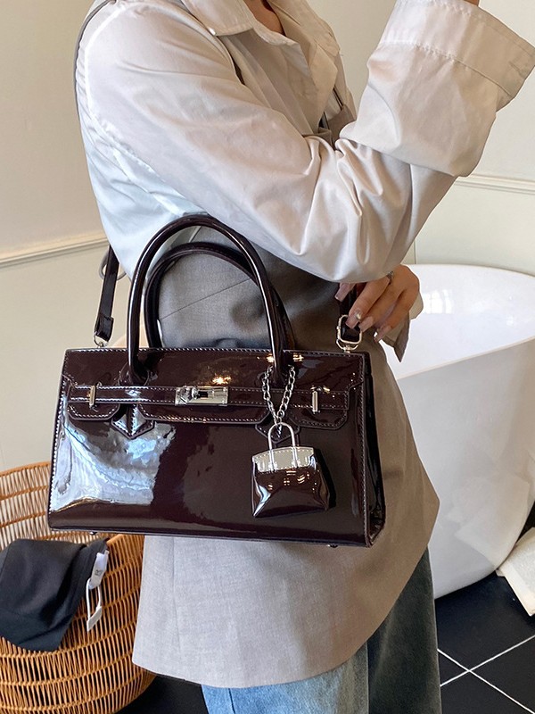 2026 Women's Patent Leather Satchel Bag, Classic Top Handle Tote with Metal Lock & Detachable Strap
