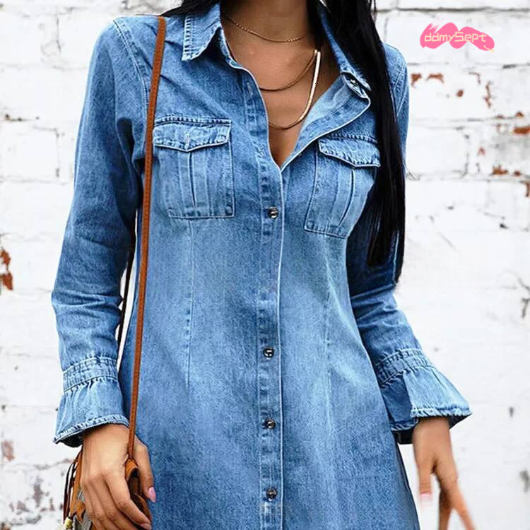 Women Denim Dress Long Sleeve Single Breasted Loose Fit A Line Dresses Turn Down Collar Splice Office Lady Elegant Vestidos ddmysept