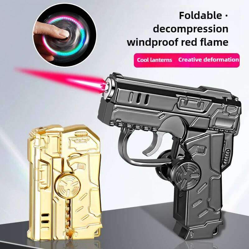 New Transformable Butane Lighter, Windproof Red Flame with RGB Lighting & Pistol/Gyro Design, Stress Relief Foldable Torch S260207