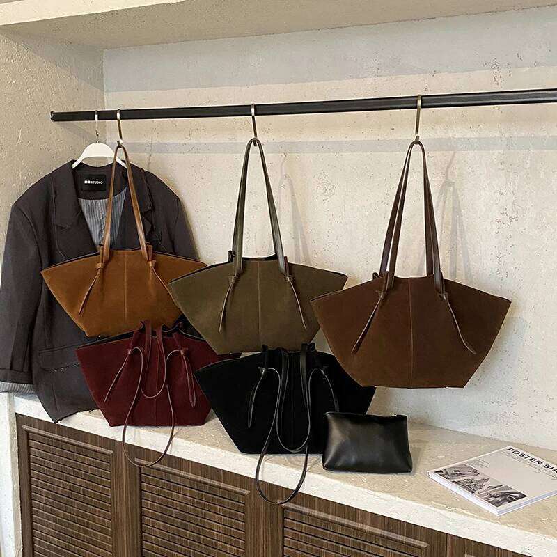 2025 Autumn New Branded Big Tote Bag Set For Women PU Suede Pure Color 2-IN-1 Large Capacity Shoulder Shoppers Designer Handbags Y260204