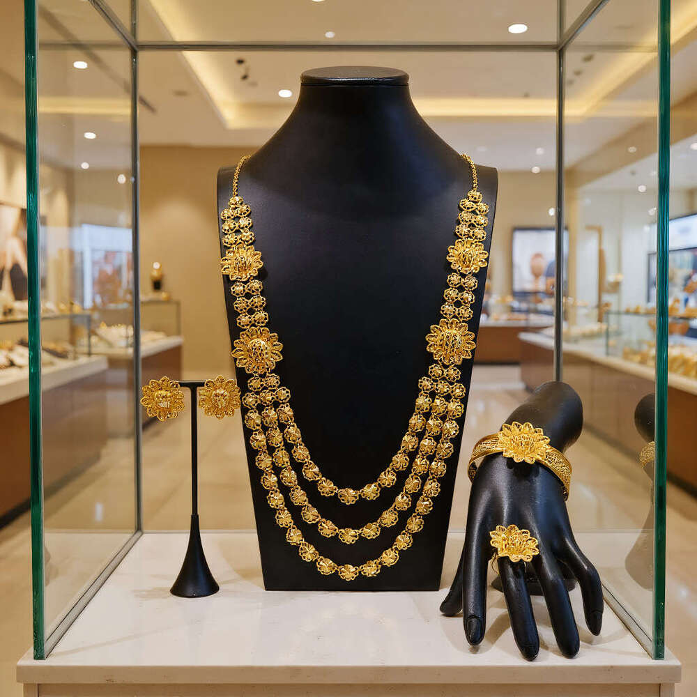 Dubai Bride 24k Gold Plated Necklace Bracelet Earrings Ring Jewelry African Women's Accessories Four-Piece Set