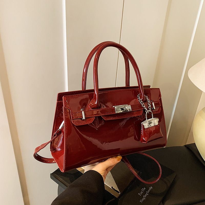 2026 Women's Patent Leather Satchel Bag, Classic Top Handle Tote with Metal Lock & Detachable Strap