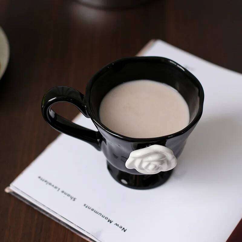 Camellia Embossed French Household Creative Breakfast Milk Ceramic Mug, Office Coffee Cup, Retro Mugs with Handle