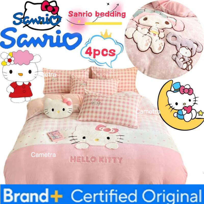 Sanrio Hello Kitty My melody Cinnamoroll Kuromi Four-piece Creative High-value Anime Cartoon Printed Home Coral Fleece Bedding H260205