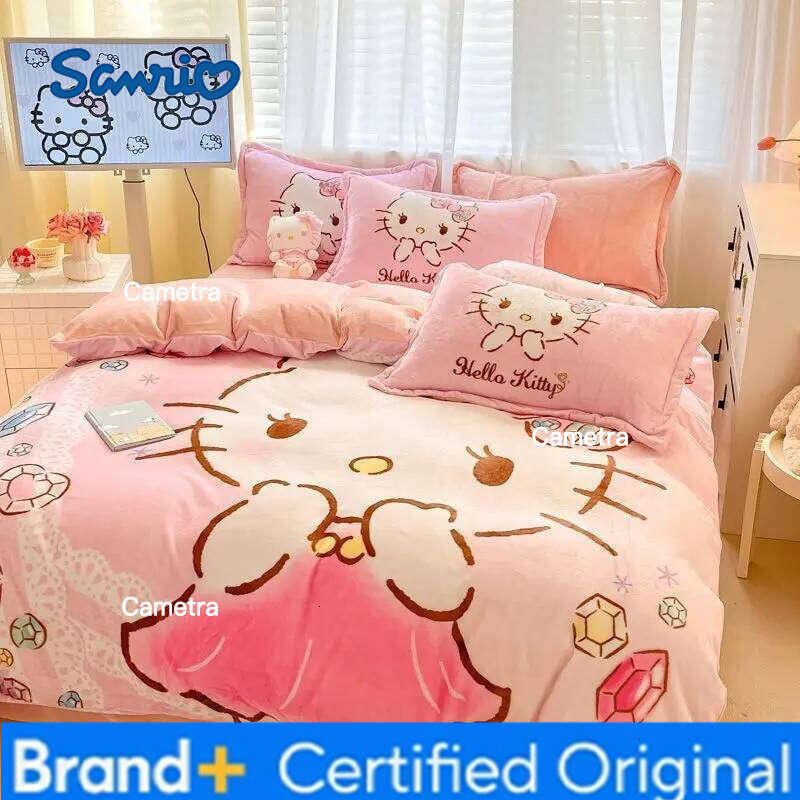 Sanrio Ins Original Milk Fleece 4pcs Cute KT Cat Thickened Quilt Cover Sheet Pillowcase 3kg, Girls 3pcs Set H260205