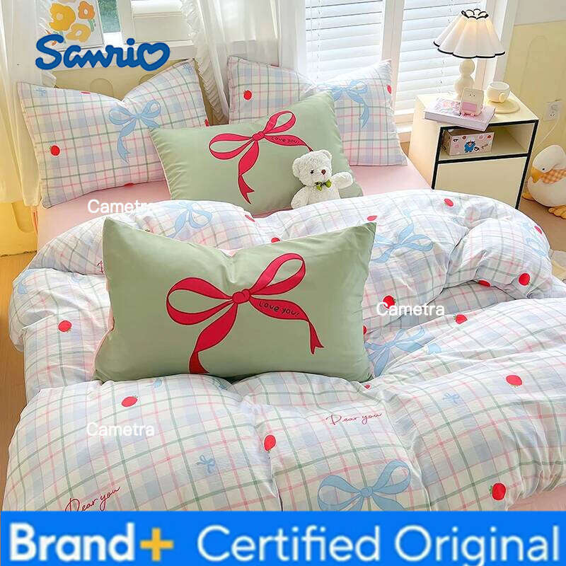 Sanrio Cute Cartoon Cat Bedding Set Simple Duvet Cover Washed Cotton Flat Bed Sheets Pillowcase Single Double For Kids Decor Home H260205