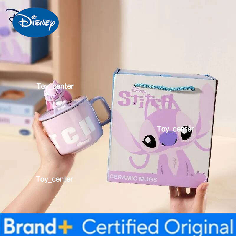 Disney Stitch Angie cartoon anime couples mug cute ceramic milk Creative cup lid phone holder home decoration gift for girls H260205