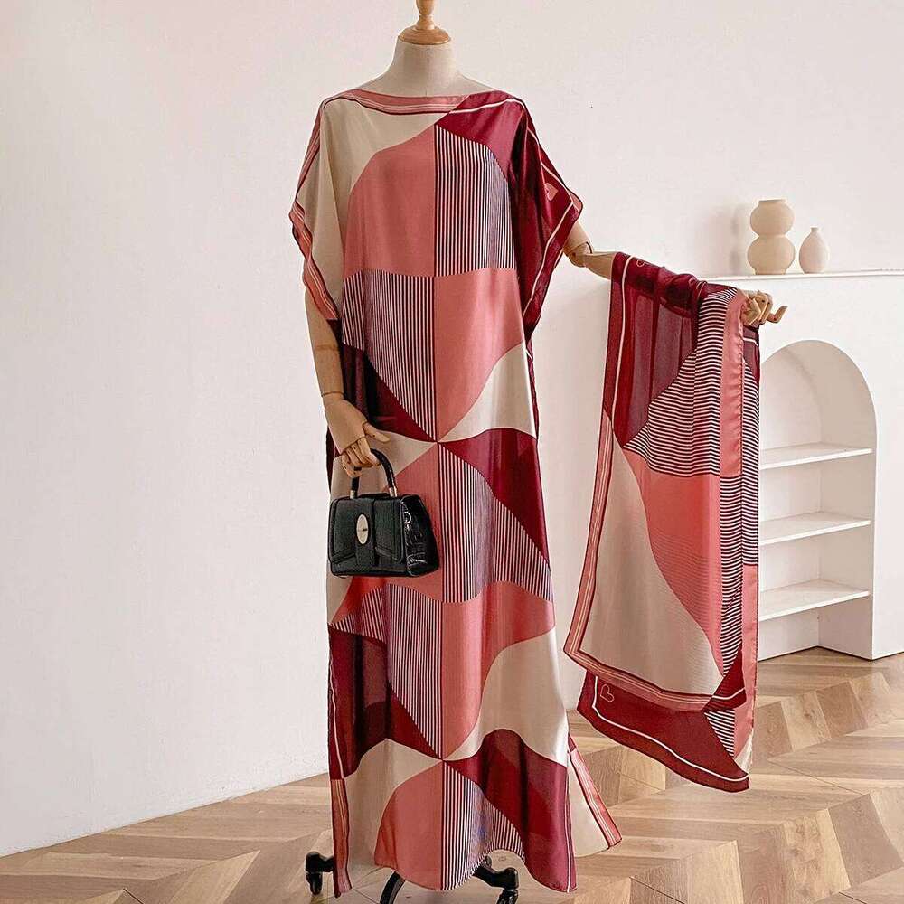 Summer New Fashion African Dresses For Women Elegant Printed Silk Muslim Lady Long Hijab Kaftan Dress Oversize Kuwait Abaya 26Y0205