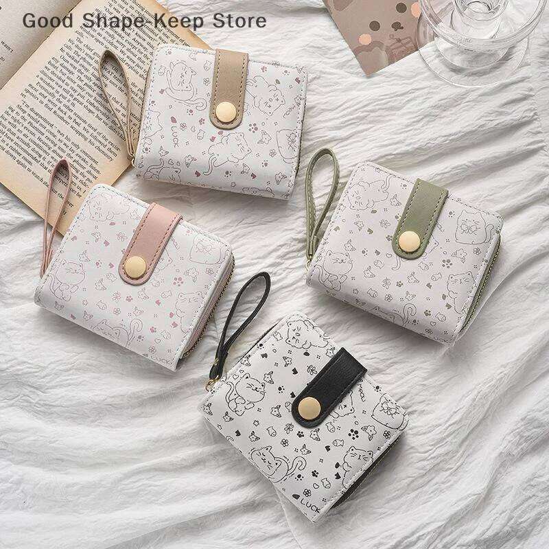 Fashion Short Folding Zipper Wallet ID Card Holder Cute Cat PU Leather Purse Women Travel Lightweight Cash Coin Bags Z260205