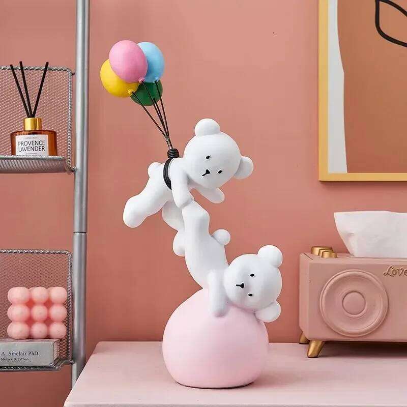 Cartoon Balloon Bear Statue Ornaments Cute Flying Sculpture Children Room Living Home Decor Office Desktop S260204