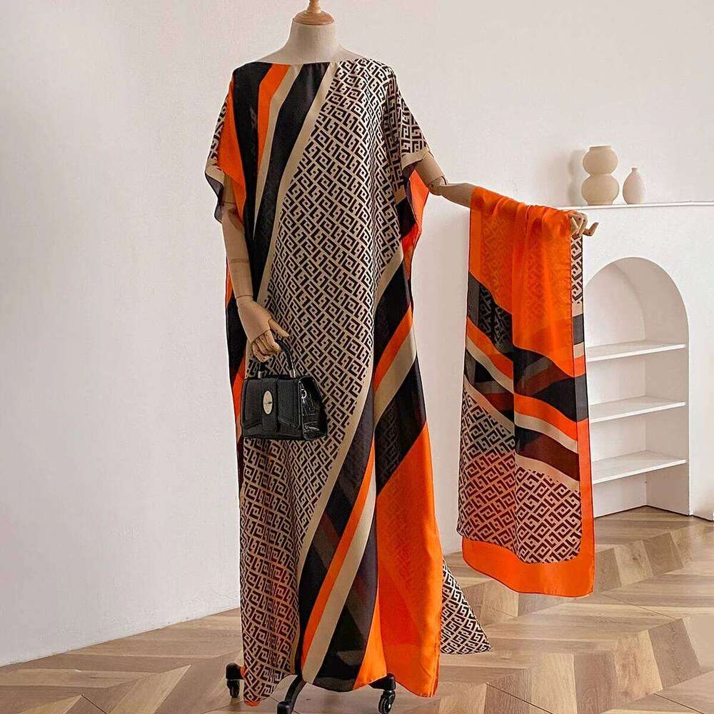 Summer New Fashion African Dresses For Women Elegant Printed Silk Muslim Lady Long Hijab Kaftan Dress Oversize Kuwait Abaya 26Y0205