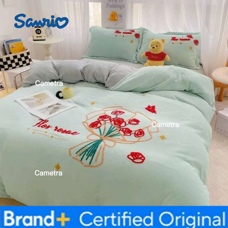 Sanrio 2024 new towel sticker embroidered milk fleece four-piece set thickened 220g winter warm bed sheet kit H260205