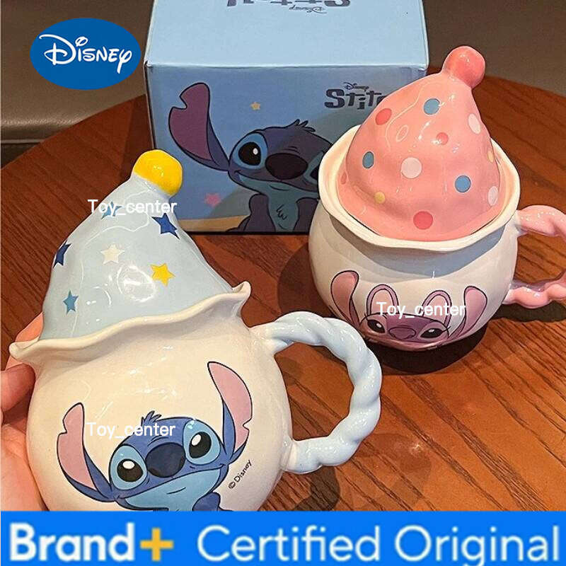 Disney Creative Magic Hat Lid Mug Cute Cartoon Stitch Angel Couple Water Home Drinking Ceramic Coffee Cup Christmas Gifts H260205
