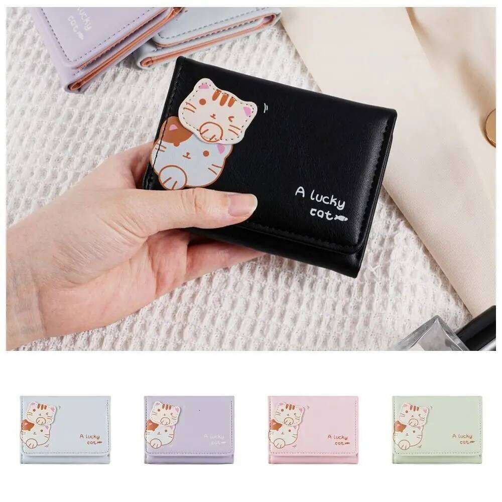 Solid Color Cute Tri-Fold Purses Multi-card Slot Korean Style Cat Short Wallet PU Leather Pocket Women Card Holder Female Z260205