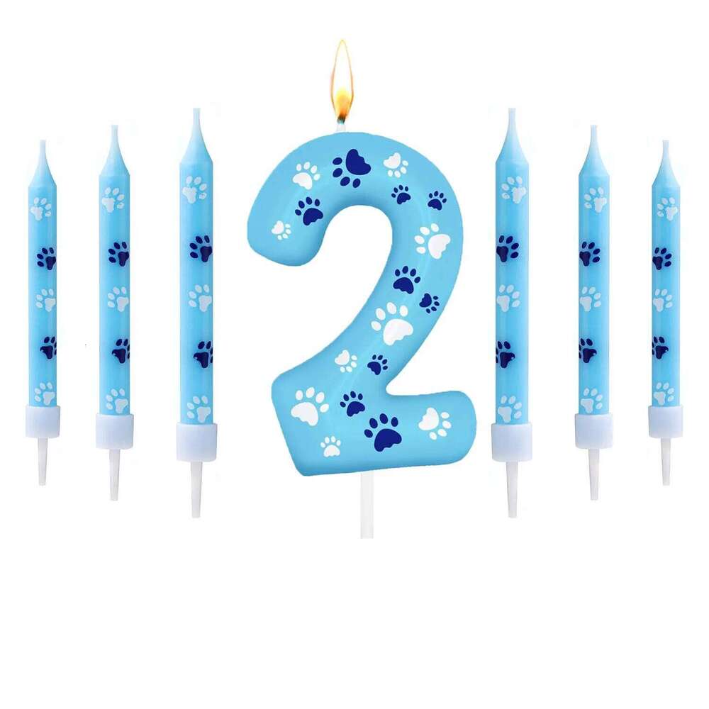 0-9 Blue White Candle Cake Top Digital Birthday Candle, Used for Boy and Girl Dog Claw Decoration Candles S260204