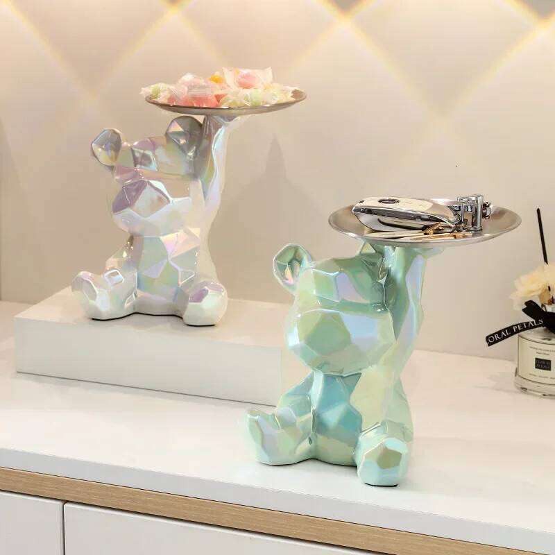 Ceramic Geometric Bear Ornament Coin Bank Home Living Room Desktop Remote Control Key Storage Tray Decorative Statue Gift S260204