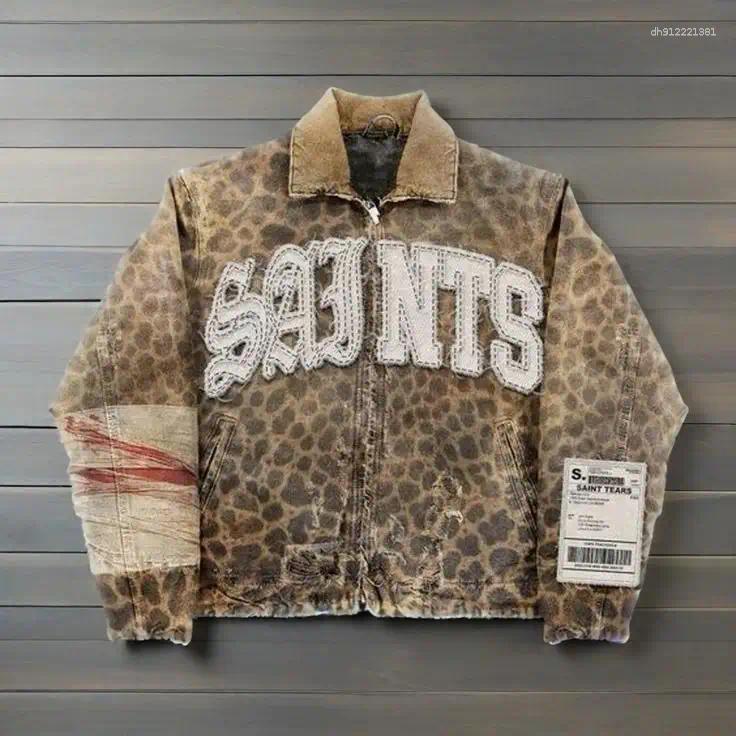 Men's Jackets Y2k Gothic Camouflage Leopard Print Jacket Harajuku Vintage Letter Patch Embroidered Oversized Fashionable Casual