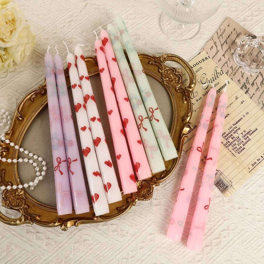 2PCS Colored Cherry/Heart Printed Taper - Romantic Wedding Birthday Candles for Home Party Dinner Garden Table Decor S260204