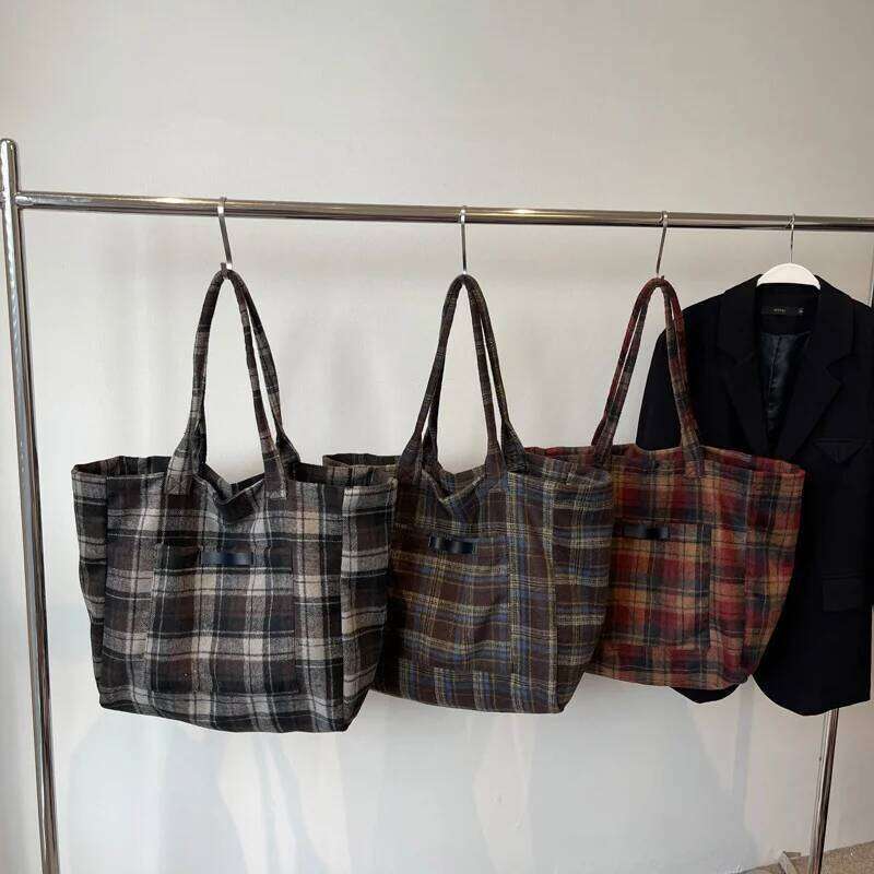 Woolen Plaid Big Women's 2025 New Korean Version Tote College Style Casual Large-capacity Shoulder Bag Y260204