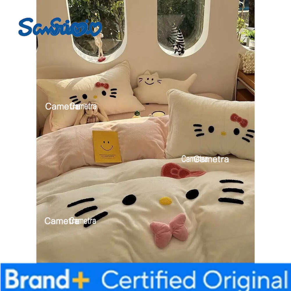 Sanrio INS KT CAT Milk Four-piece Farai Coral Fleece Quilt Cover Bed Sheet Three-piece Set H26020511