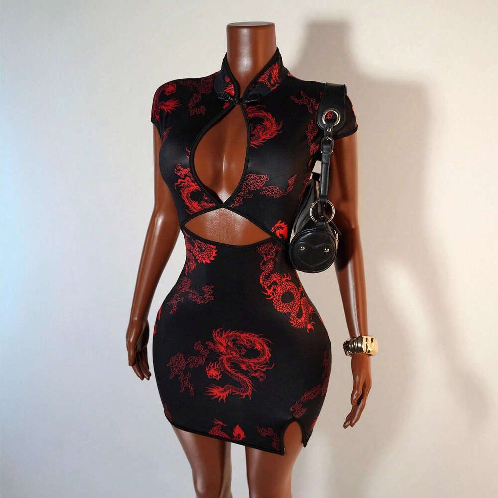 Trendy Street Chinese Style Dragon Print Dresses Women Sexy Hollow Out Package Hip Cheongsam Dress Streetwear Lady Slim Vestidos Short-Sleeve Qipao Dr