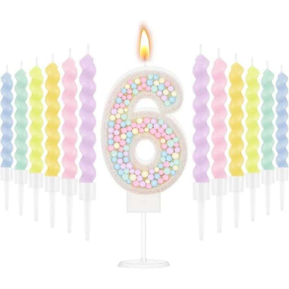 Birthday Macaron Pastel Glitter 3D Number Candle with 12 Pcs Rainbow Spiral Candles in Holders for Girl Boy Cake S260204
