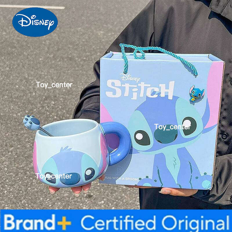 Disney New Cartoon Stitch Ceramic Mug Kawaii Angel with Spoon Coffee Office Water Cup Couple Creative Festival Gift H2602051