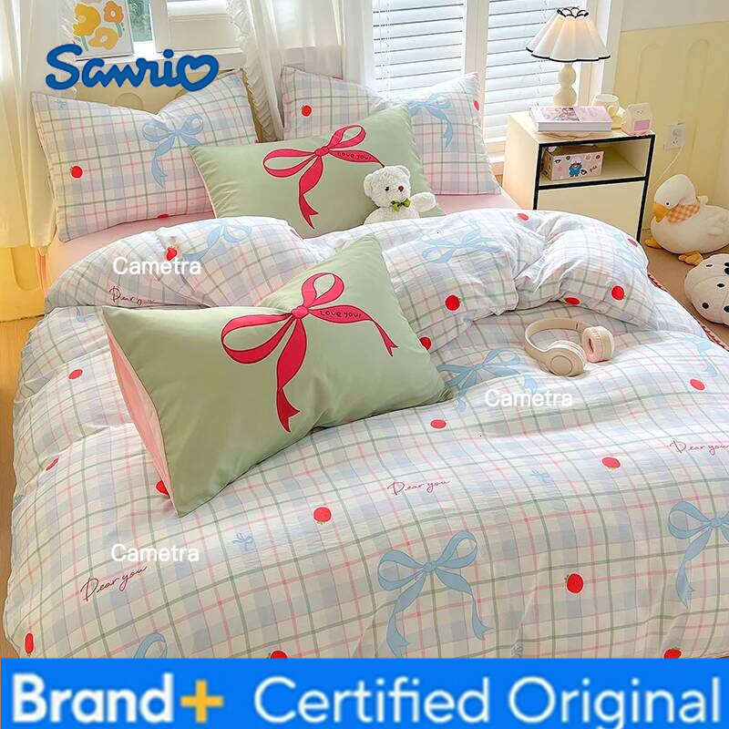 Sanrio Cute Cartoon Cat Bedding Set Simple Duvet Cover Washed Cotton Flat Bed Sheets Pillowcase Single Double For Kids Decor Home H260205