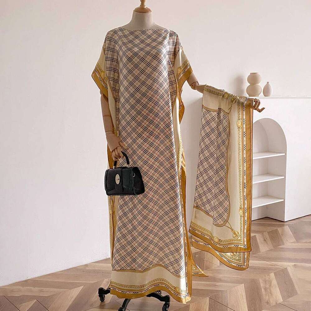 Summer New Fashion African Dresses For Women Elegant Printed Silk Muslim Lady Long Hijab Kaftan Dress Oversize Kuwait Abaya 26Y0205