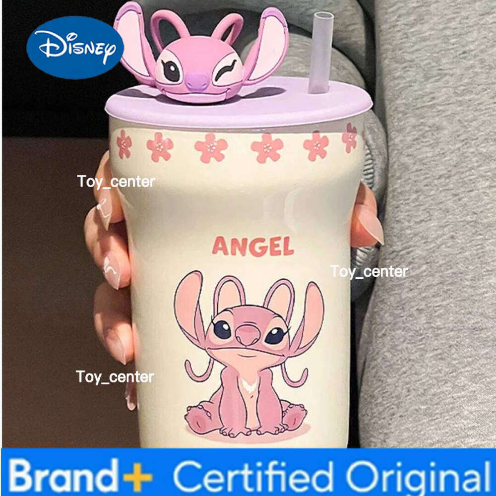 Disney Stitch Angel 2025 New High Aesthetic Ceramic Mug With Lid And Straw Couple Coffee Milk Cup Birthday Gift For Couples H260205