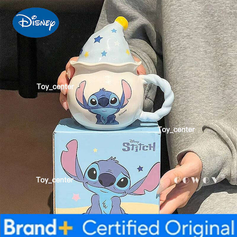 Disney Ceramic Mug Stitch Angel With Polka Dot Magic Hat Lid Cute Cartoon Couple Home Drinking Cup Gift For Birthday Christmas H260205